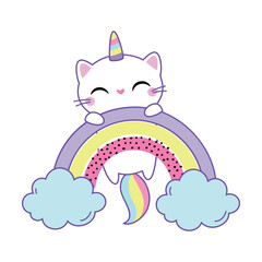 Cat Unicorn Character with Rainbow Tail and Horn Vector Illustration