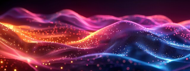 Fototapeta premium Intricate light wave pattern with vibrant neon hues against a dark background.