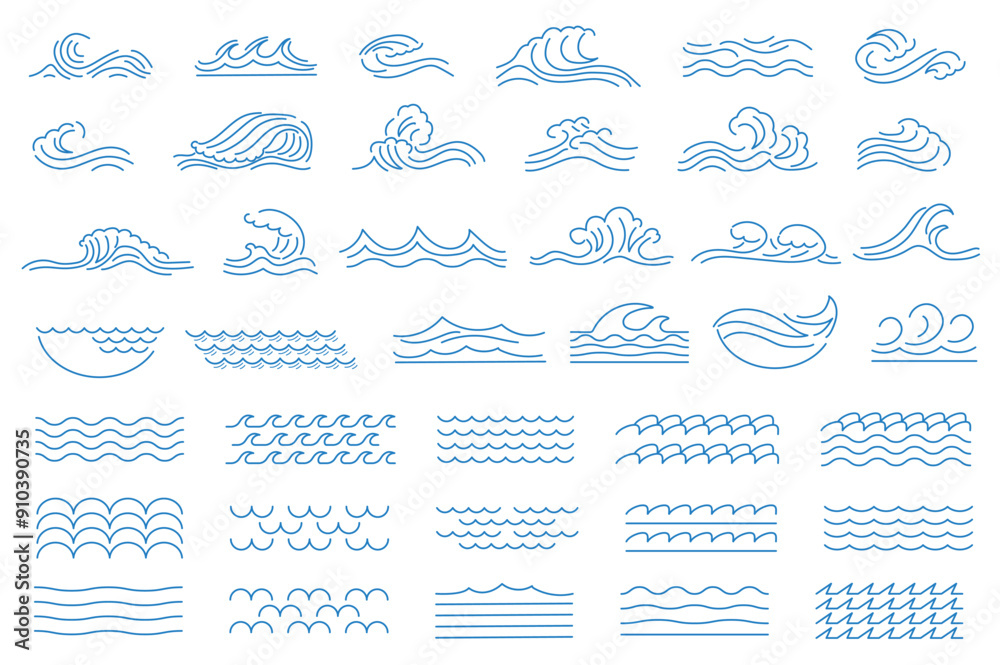 Aufkleber Water waves mega set elements in flat graphic design. Bundle objects of blue lines contours of aqua streams, ripple puddles shapes, swirl fountain forms, pouring fluid curves. Vector illustration.