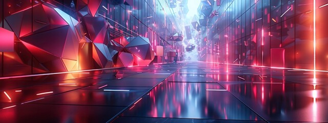 Obraz premium 3D abstract structure with geometric shapes and neon lighting in a high-tech digital environment.