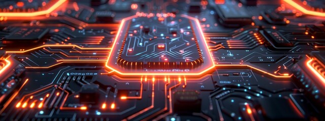 Futuristic circuit board with glowing neon lines and digital patterns in a high-tech environment.