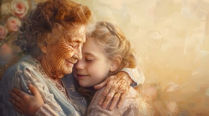 Fototapeta premium A heartwarming portrait of a grandmother and granddaughter in a tender embrace, radiating love and happiness.
