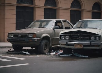 Naklejka premium Two vehicles have collided in an incident on a quiet neighborhood street, causing concern and chaos
