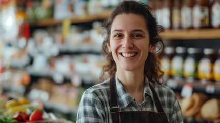 Female shop owner smiling at the camera in her grocery store