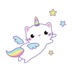 Obraz premium Cat Unicorn Character with Rainbow Tail and Horn Vector Illustration