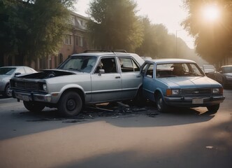 Fototapeta premium Two vehicles have collided in an incident on a quiet neighborhood street, causing concern and chaos