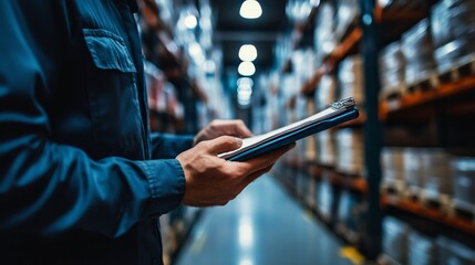 Warehouse Worker Checking Inventory on Tablet - A warehouse worker in blue uniform using a tablet to check inventory in a busy warehouse. The image symbolizes efficiency, technology, logistics, organi