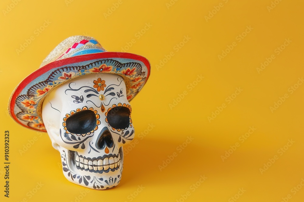 Wall mural Decorated skull in sombrero on yellow background, space