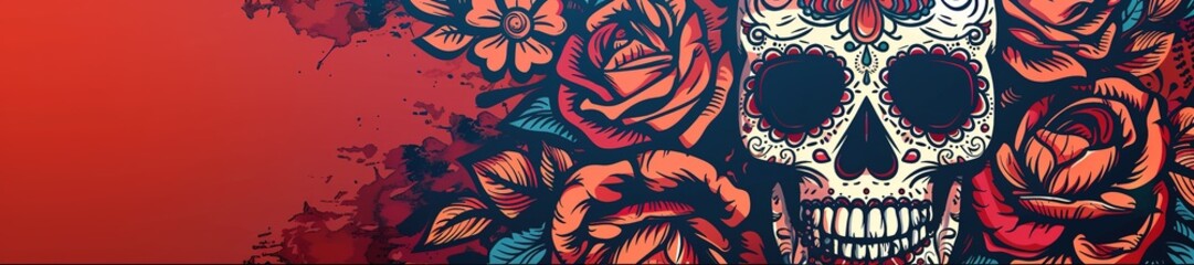 Illustration of sugar skull with floral patterns for Dia de los