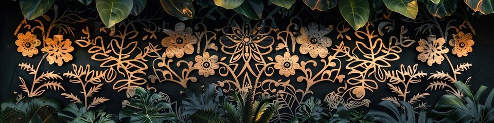 Golden floral design on black with lush foliage