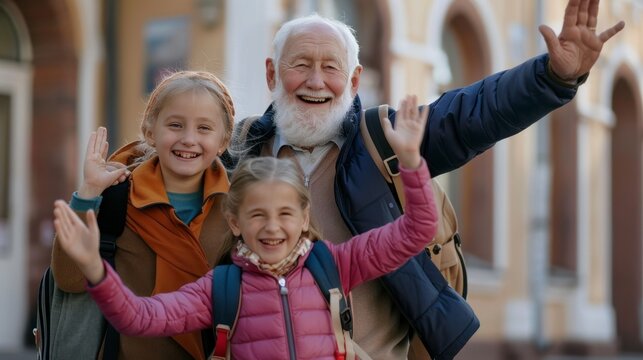 A cheerful grandfather embraces his granddaughters, who are joyfully waving their hands outdoors