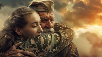 AI Image. Senior military veteran hugging his granddaughter which is female soldier