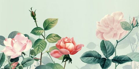 Fototapeta premium Floral background with pink roses and green leaves.