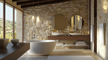 A luxurious bathroom designed with a mix of traditional Tuscan elements and modern amenities