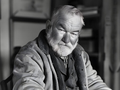 Black and white portrait of American novelist Ernest Hemingway, recipient of the Nobel Prize.