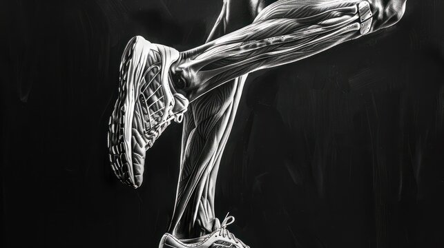 Anatomie d'un athl&Atilde;&uml;te marathonien : d&Atilde;&copy;tail sur la foul&Atilde;&copy;e et les jambes du coureur sportif, illustration en noir et blanc