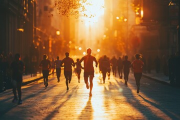 group of runners running in the city for a marathon race 