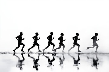 Obraz premium silhouette of a group of runners running together, white background, isolated, race pack, race group