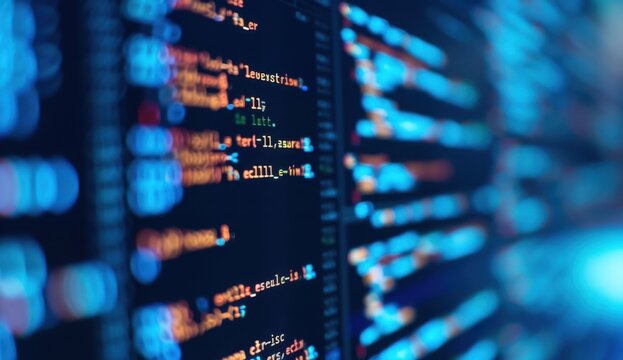 A close up of computer code on the screen, with dark blue and white colors, representing technology and coding in software development Generative AI