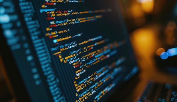 A close-up of computer code on the screen, representing data protection and security in software development The background is dark with soft lighting to highlight text and numbers Generative AI