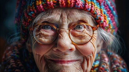 Close-up portrait of an elderly woman wearing glasses and a colorful knitted cap, smiling warmly, representing wisdom, life experience, and the beauty of age.