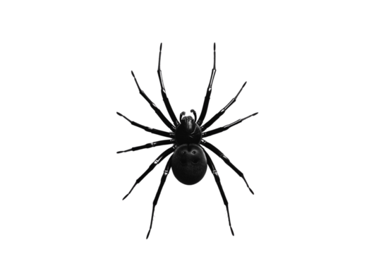A sleek and minimalist black spider logo design, isolated on a transparent background.