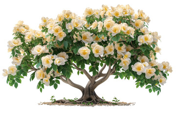 Obraz premium A small tree with yellow flowers and green leaves, full of white roses on the branches, isolated on a transparent background.