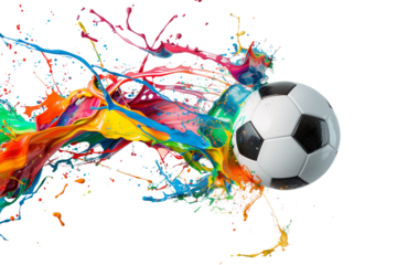 A soccer ball colliding with vibrant splashes of paint, isolated on a transparent background. 