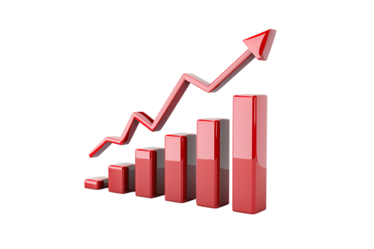 A red arrow pointing upwards alongside a bar chart, isolated on a transparent background