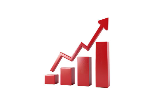 A red arrow pointing upwards alongside a bar chart, isolated on a transparent background