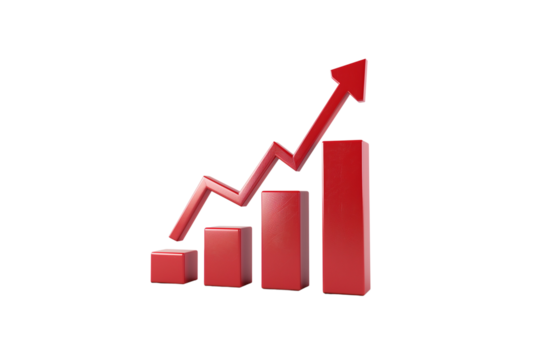 A red arrow pointing upwards alongside a bar chart, isolated on a transparent background - Powered by Adobe