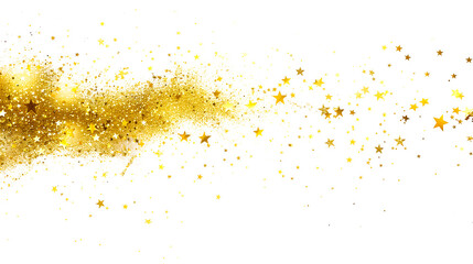 Golden stars and glitter explosion cloud, confetti splash, twinkling scattered star dust and particles, isolated transparent background
