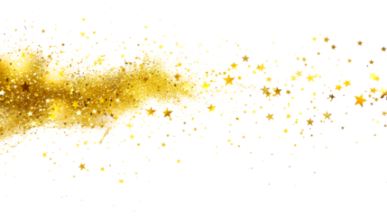 Golden stars and glitter explosion cloud, confetti splash, twinkling scattered star dust and particles, isolated transparent background