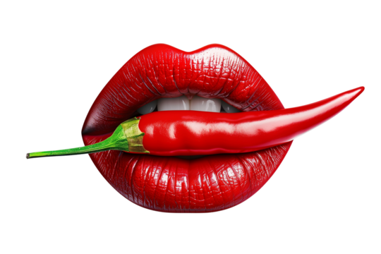 A red woman lips with a hot chili pepper, isolated on a transparent background.