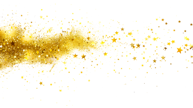Golden stars and glitter explosion cloud, confetti splash, twinkling scattered star dust and particles, isolated transparent background - Powered by Adobe