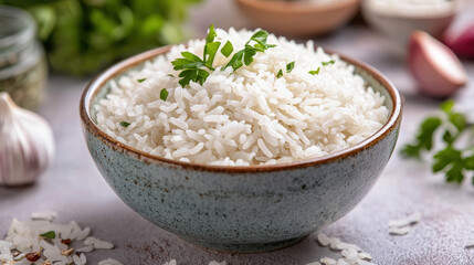 A bowl of perfectly cooked white rice garnished with fresh parsley, emphasizing its fluffy texture and appealing presentation, set in a rustic kitchen setting.