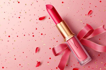 elegant pink background with satin ribbon and bow, copy space, mock up,