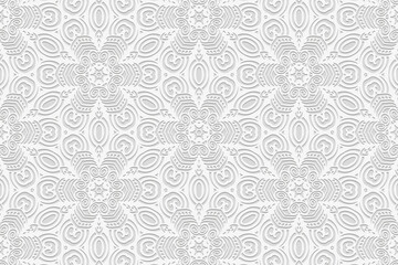 Embossed white background, tribal cover design, banner. Geometric elegant 3D pattern. Ethnic exotic ornaments, arabesques, mandala, handmade. Traditions of the East, Asia, India, Mexico, Aztec, Peru.