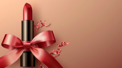 elegant beauty background with red lipstick and a large satin bow, copy space