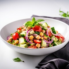 Vegetarian chickpea salad prepared with tomatoes, cucumber, red onion, cress salad and arugula, White Background,