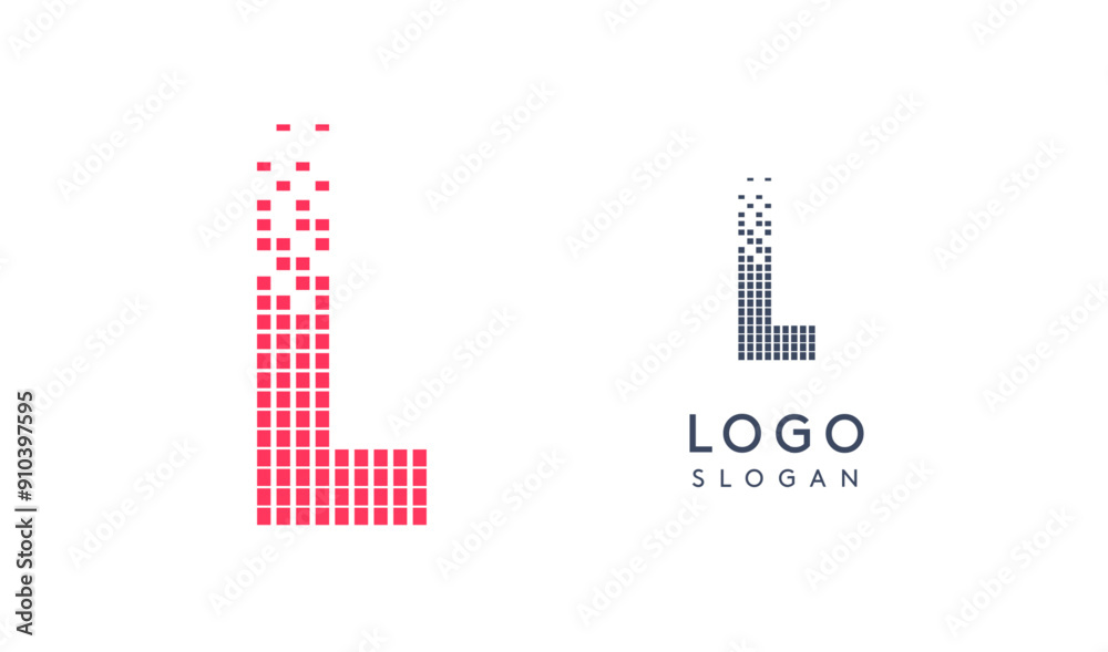 Poster Pixelated Letter L transitioning into scattered pixels with gradient colors creating modern, digital effect like equalizer. Abstract logo for tech software and digital media. Vector illustration.