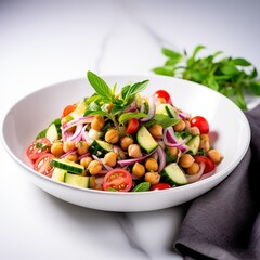 Vegetarian chickpea salad prepared with tomatoes, cucumber, red onion, cress salad and arugula, White Background,