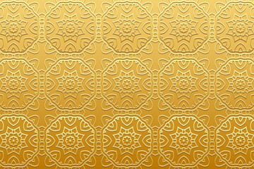 Embossed gold background, tribal cover design, banner. Geometric gold 3D pattern. Ethnic exotic ornaments, arabesques, mandala, handmade. Traditions of the East, Asia, India, Mexico, Aztec, Peru.