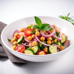Vegetarian chickpea salad prepared with tomatoes, cucumber, red onion, cress salad and arugula, White Background,