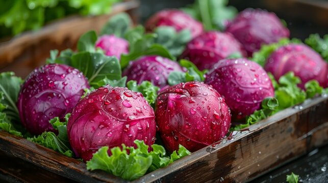 A close-up photo capturing fresh purple cabbages or kohlrabi with glistening water droplets on their surface, nestled in a rustic wooden crate surrounded by lush green leaves.