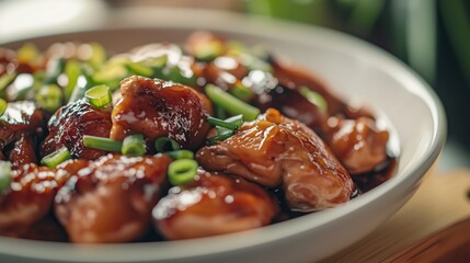 Close-up of roasted chicken with chives in a golden skin bowl. Appetizing and well-presented chicken with the freshness of the chives.