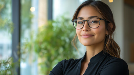 Fototapeta premium Native American Businesswoman - woman, portrait, glasses, confident, smiling, professional, black shirt, indoor, workplace, office, businesswoman, young woman, brunette, business attire