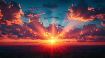 Fototapeta premium Beautiful bright dramatic sunset sky with fluffy clouds and rays. Sky background.