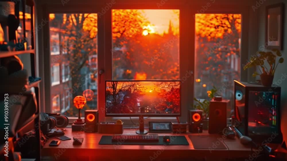 Poster this cozy workspace with a beautiful sunset view and soft ambient lighting.