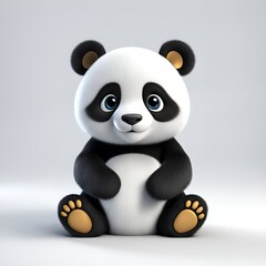 Obraz premium A 3D cartoon character, a panda, sitting in the center of the picture on a white background.